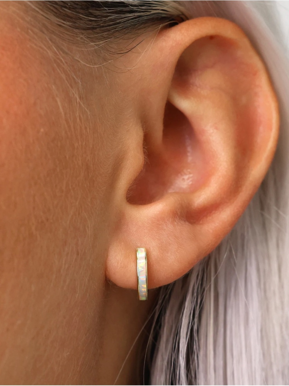 Gold Opal Inlay Huggie Earrings - White Opal